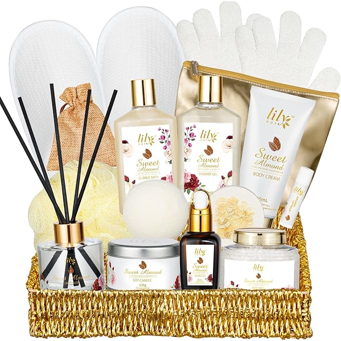 LILYROY Sweet Almond Bath Gift Set â€“ Spa Gift Basket for Women. Perfect for Motherâ€™s Day, Christmas, Birthdays. Includes bath, body care, and self-care skin care gifts, along with a relaxing spa kit. - Image 1